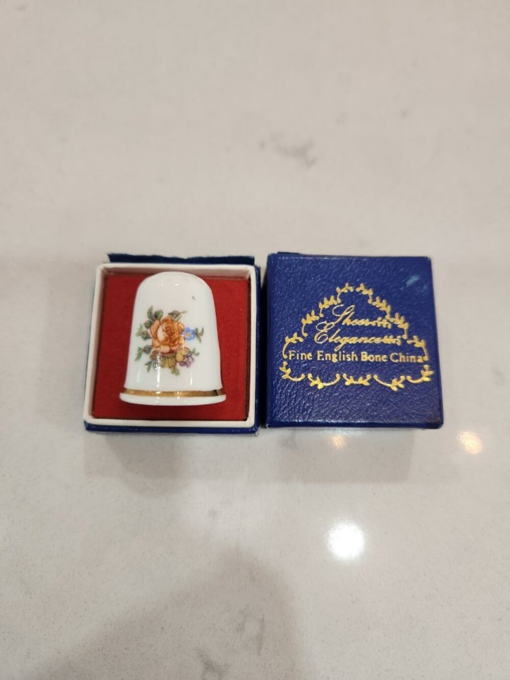 Vintage English Bone China Floral Thimble Sewing Collectible With Display Box
